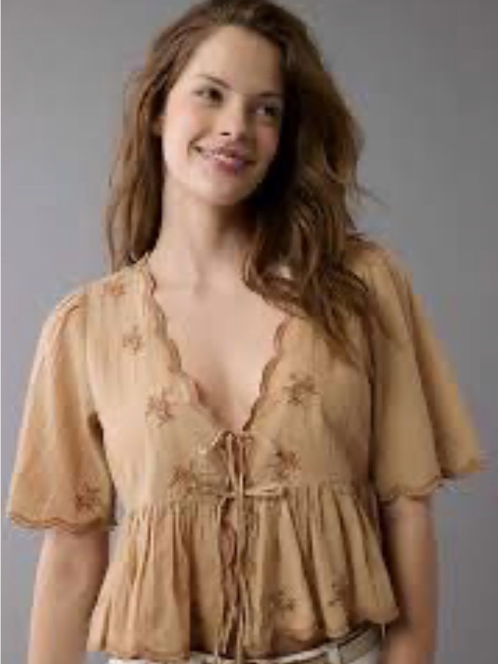 American Eagle Embroidered Tie-Front V-Neck Blouse